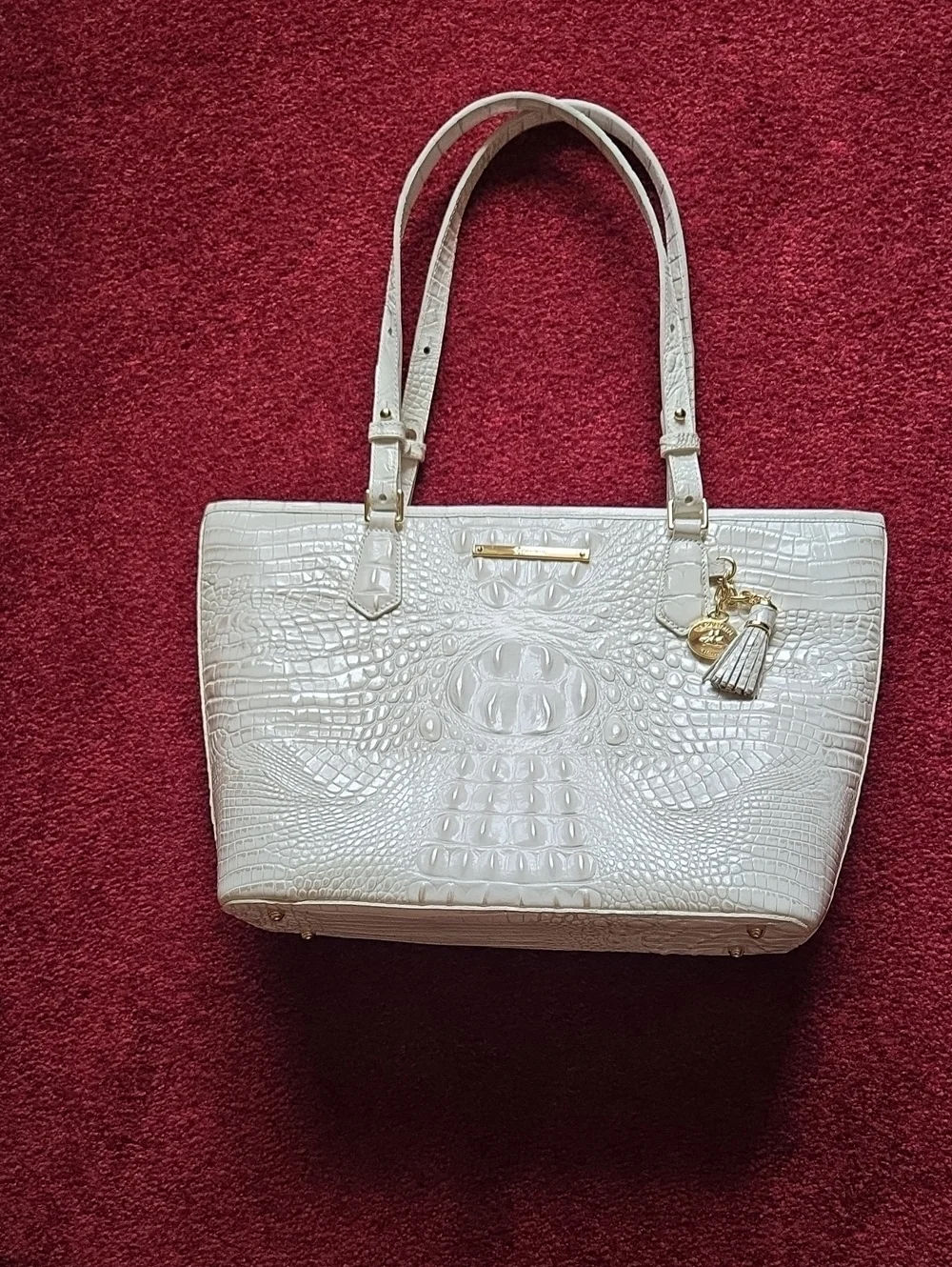 Brahmin White Croc-Embossed Tote Bag with Gold Hardware